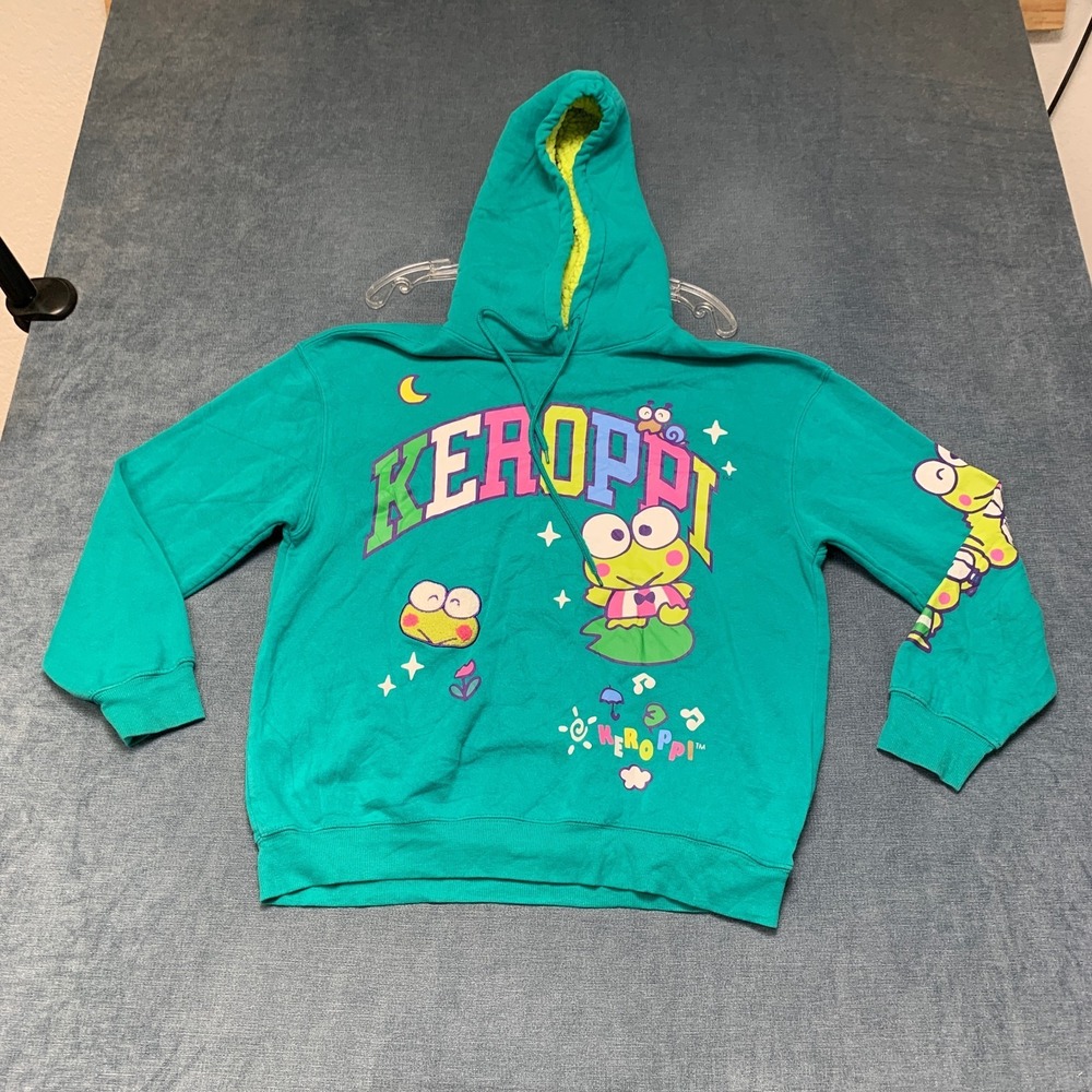 Sanrio Keroppi Graphic Hoodie Womens Large Teal Green Fleece Lined Drawstring